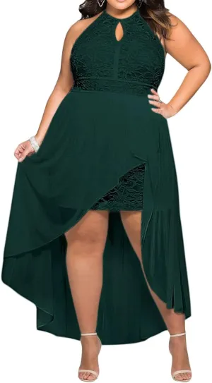 - 818 - Plus Size Hi Low Lace Overlay Halter Cocktail Casual Beach Wedding Maxi Dress
