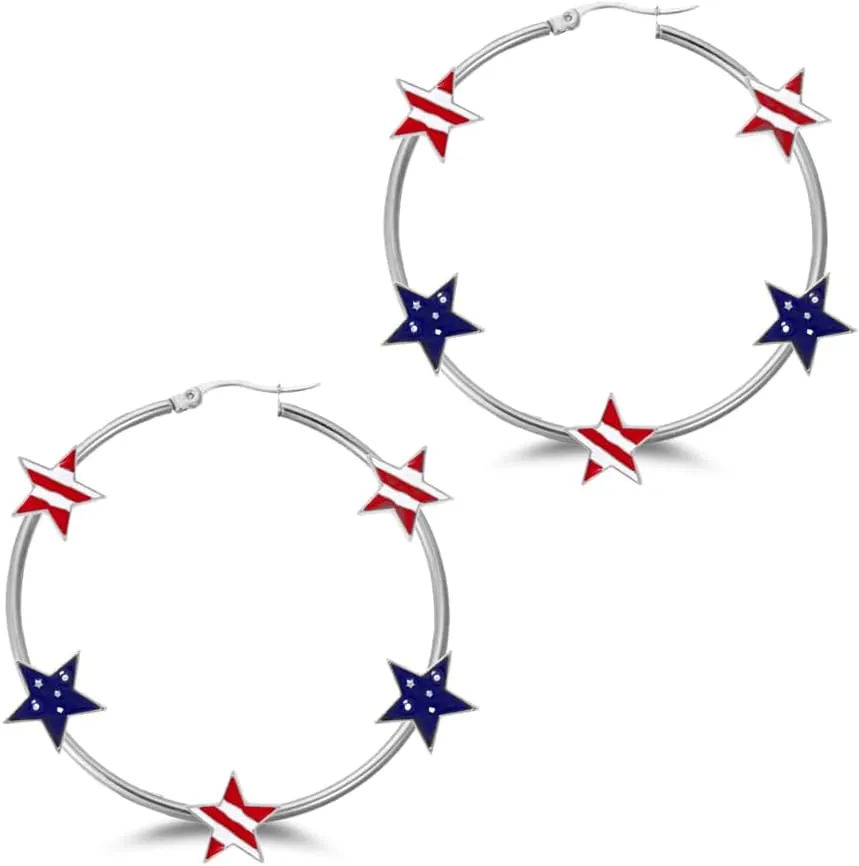 American Flag Independence Day Hoop Earrings Enamel Five Pointed Star Dangle Earrings Red Blue White Holiday Jewelry for Women