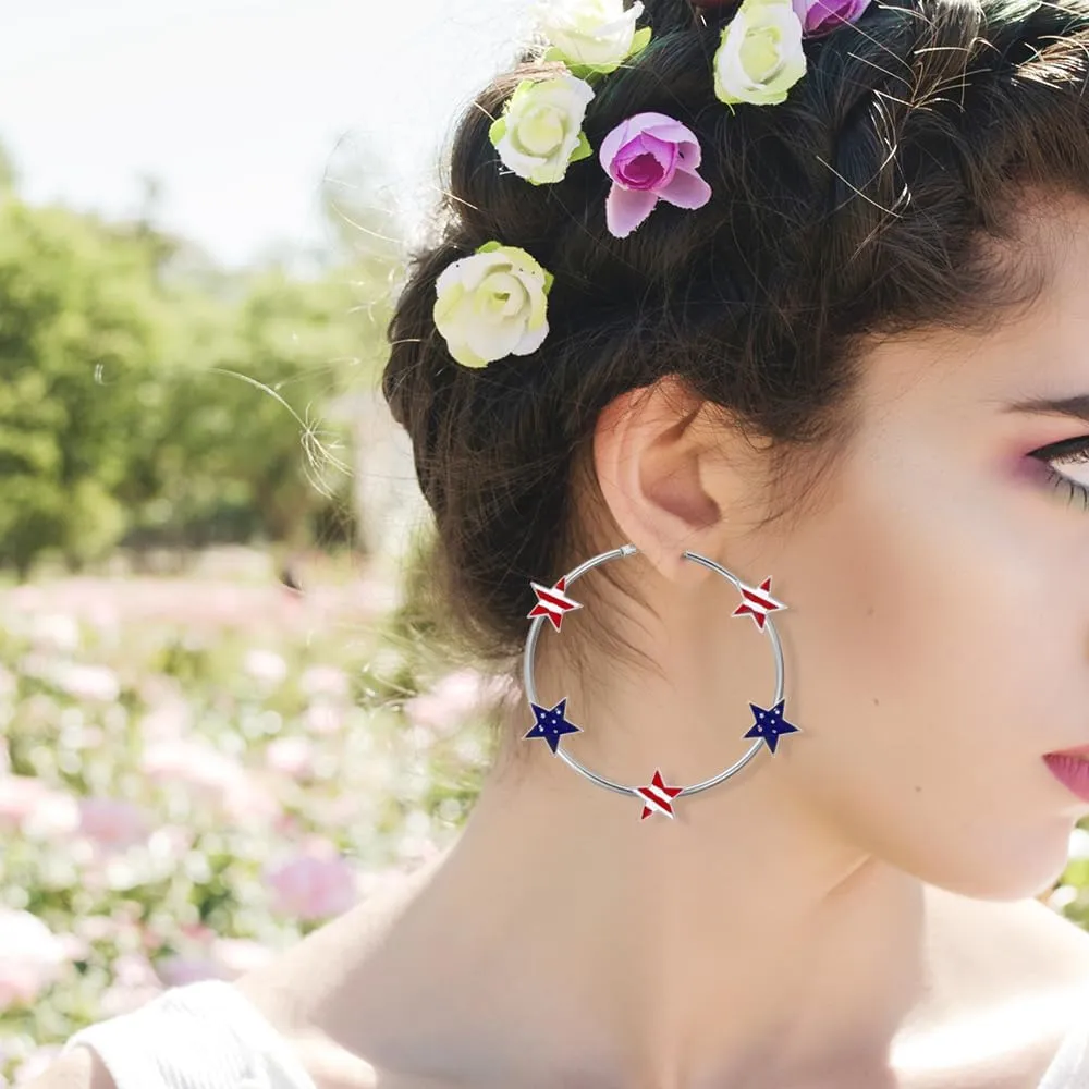 American Flag Independence Day Hoop Earrings Enamel Five Pointed Star Dangle Earrings Red Blue White Holiday Jewelry for Women