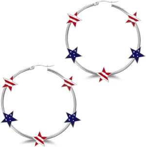 American Flag Independence Day Hoop Earrings Enamel Five Pointed Star Dangle Earrings Red Blue White Holiday Jewelry for Women