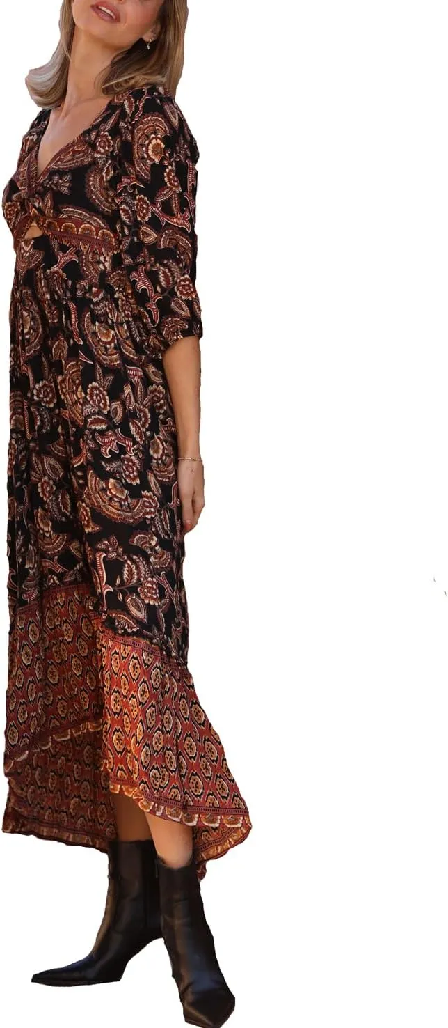 Angie Women's Long Sleeve Printed Maxi Dress with Slit