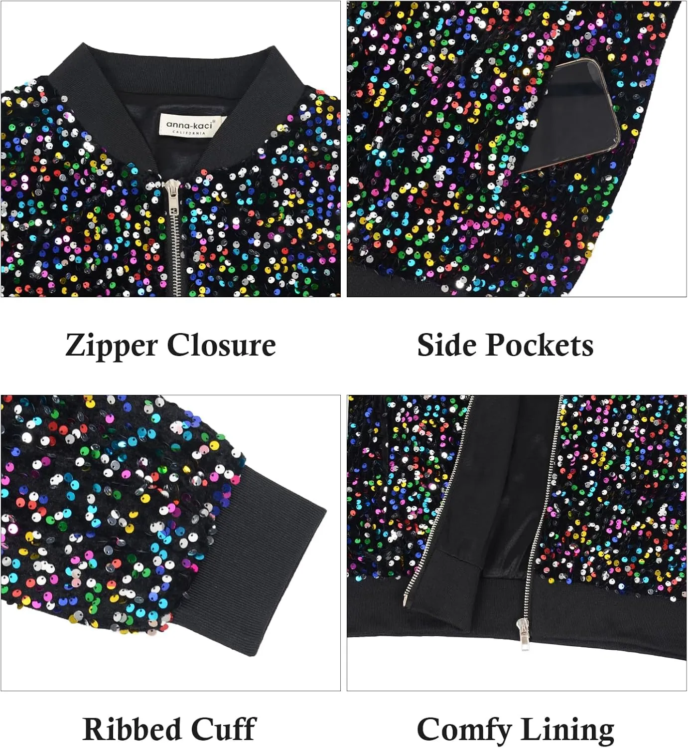 Anna-Kaci Women's Sparkly Sequin Jacket Zipper Long Sleeve Glitter Sequin Bomber Jacket with Pockets