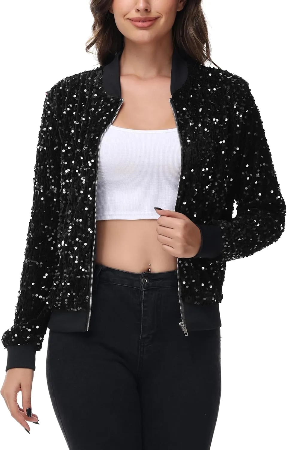 Anna-Kaci Women's Sparkly Sequin Jacket Zipper Long Sleeve Glitter Sequin Bomber Jacket with Pockets