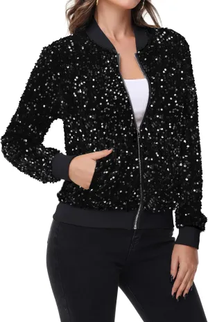 Anna-Kaci Women's Sparkly Sequin Jacket Zipper Long Sleeve Glitter Sequin Bomber Jacket with Pockets