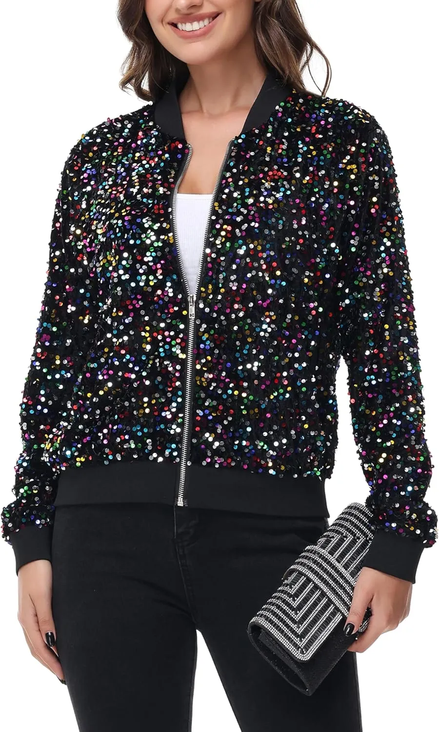 Anna-Kaci Women's Sparkly Sequin Jacket Zipper Long Sleeve Glitter Sequin Bomber Jacket with Pockets