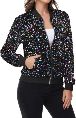 Anna-Kaci Women's Sparkly Sequin Jacket Zipper Long Sleeve Glitter Sequin Bomber Jacket with Pockets