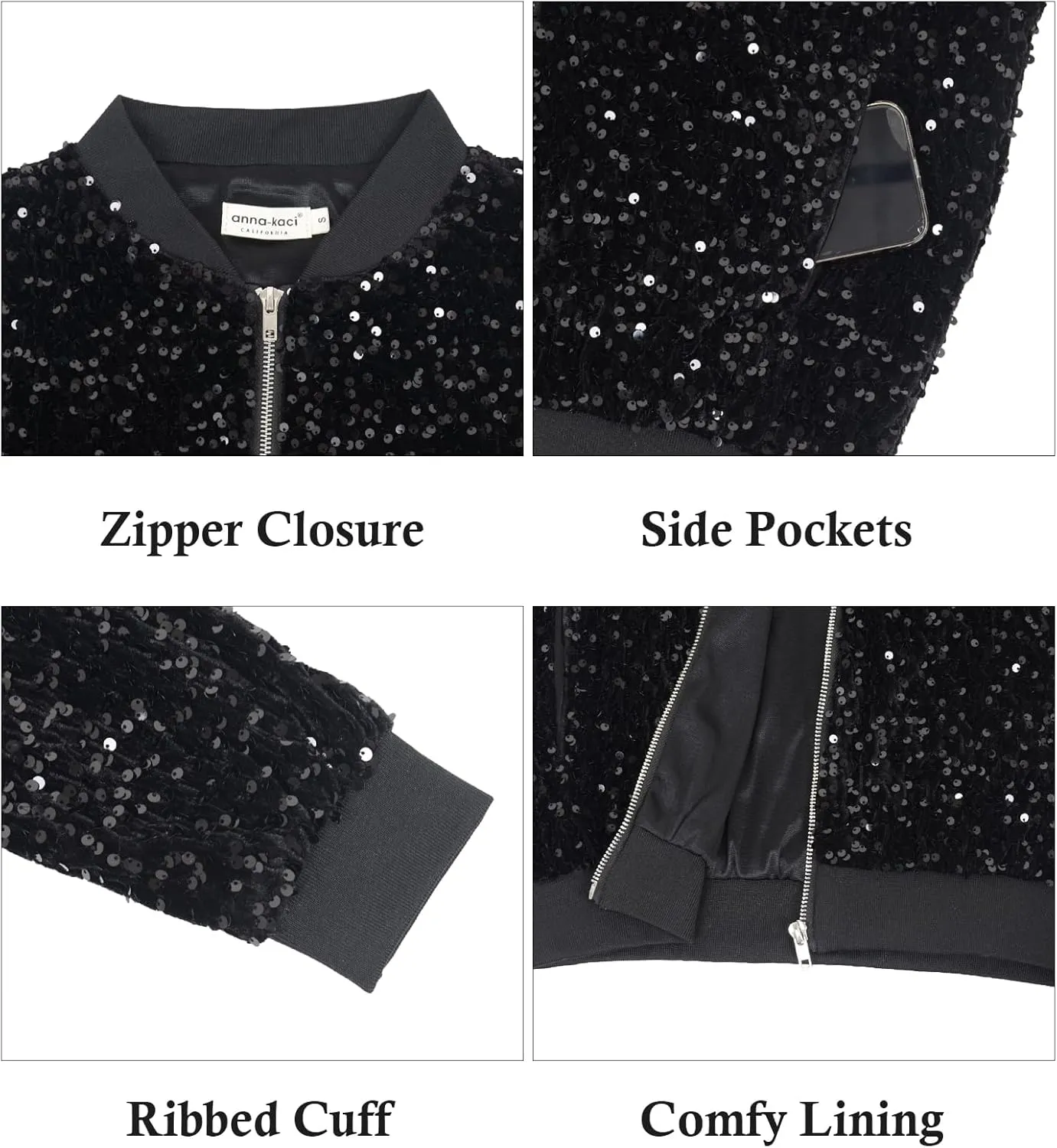 Anna-Kaci Women's Sparkly Sequin Jacket Zipper Long Sleeve Glitter Sequin Bomber Jacket with Pockets
