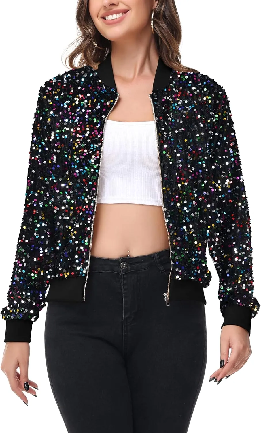 Anna-Kaci Women's Sparkly Sequin Jacket Zipper Long Sleeve Glitter Sequin Bomber Jacket with Pockets