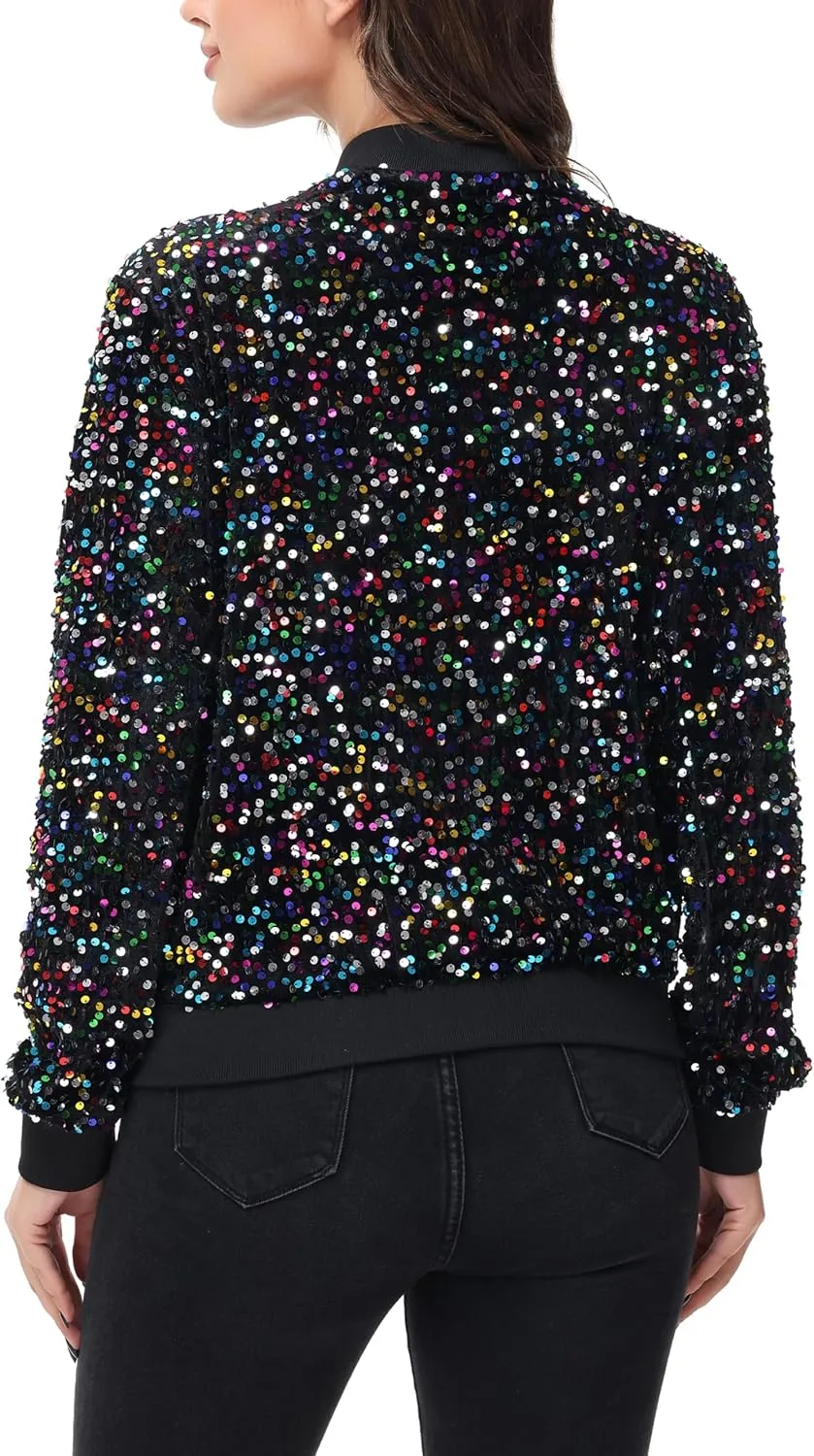 Anna-Kaci Women's Sparkly Sequin Jacket Zipper Long Sleeve Glitter Sequin Bomber Jacket with Pockets