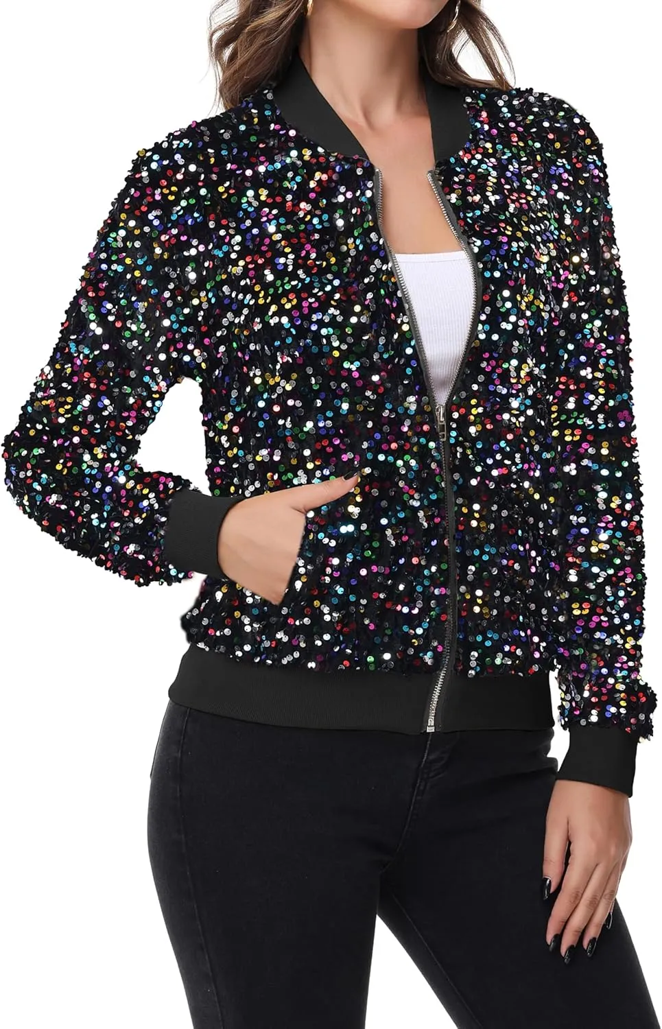 Anna-Kaci Women's Sparkly Sequin Jacket Zipper Long Sleeve Glitter Sequin Bomber Jacket with Pockets