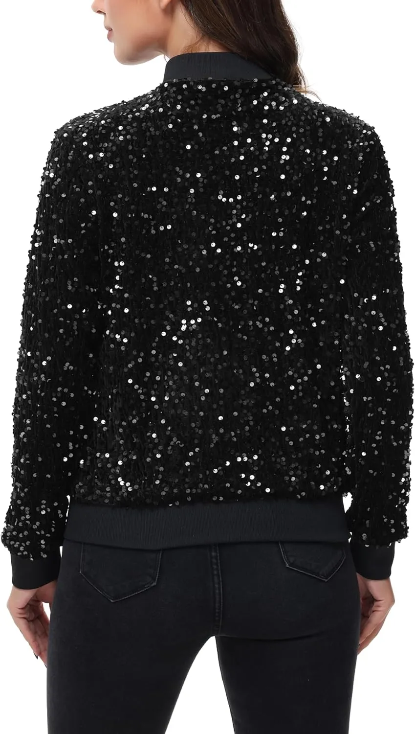 Anna-Kaci Women's Sparkly Sequin Jacket Zipper Long Sleeve Glitter Sequin Bomber Jacket with Pockets