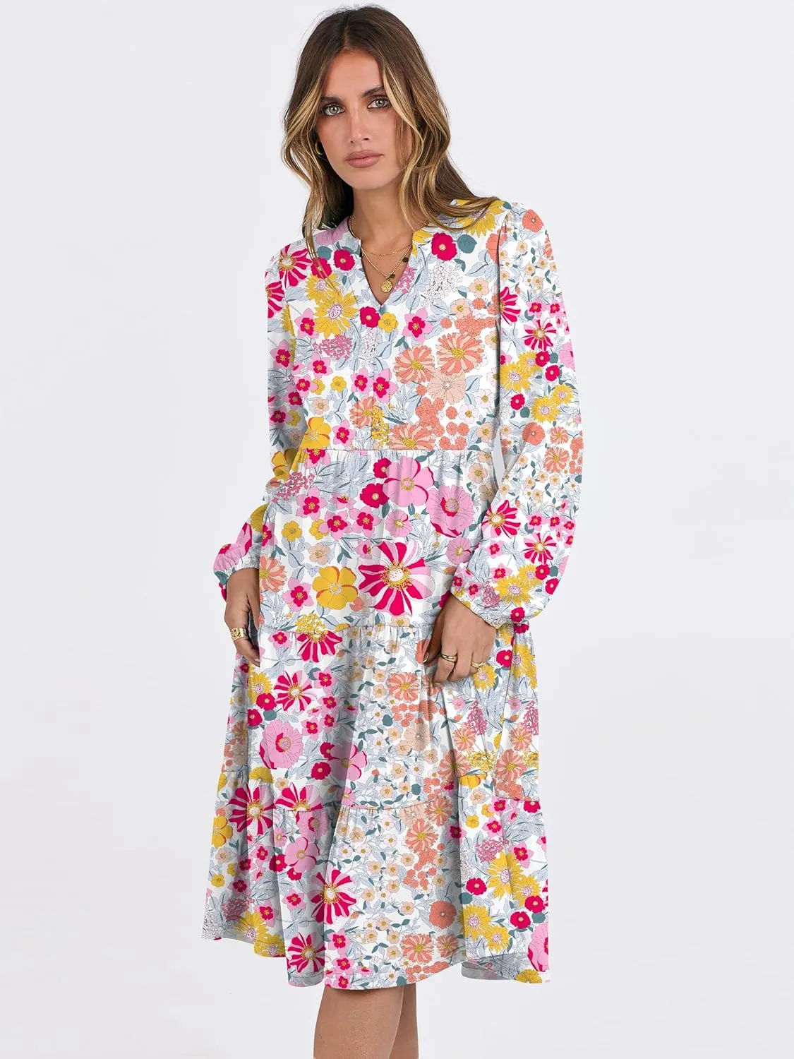 ANRABESS Long Sleeve Dress for Women V Neck 2025 Spring Fashion Casual Loose Fit Flowy Swing Tiered Vacation Dresses