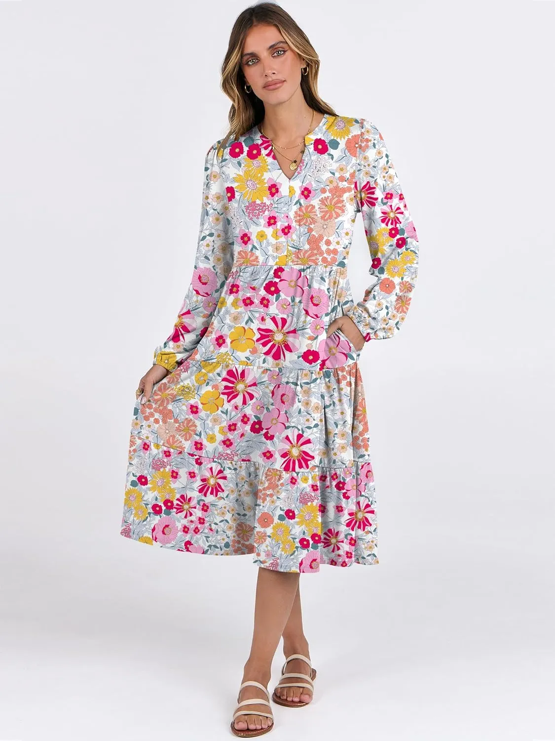 ANRABESS Long Sleeve Dress for Women V Neck 2025 Spring Fashion Casual Loose Fit Flowy Swing Tiered Vacation Dresses