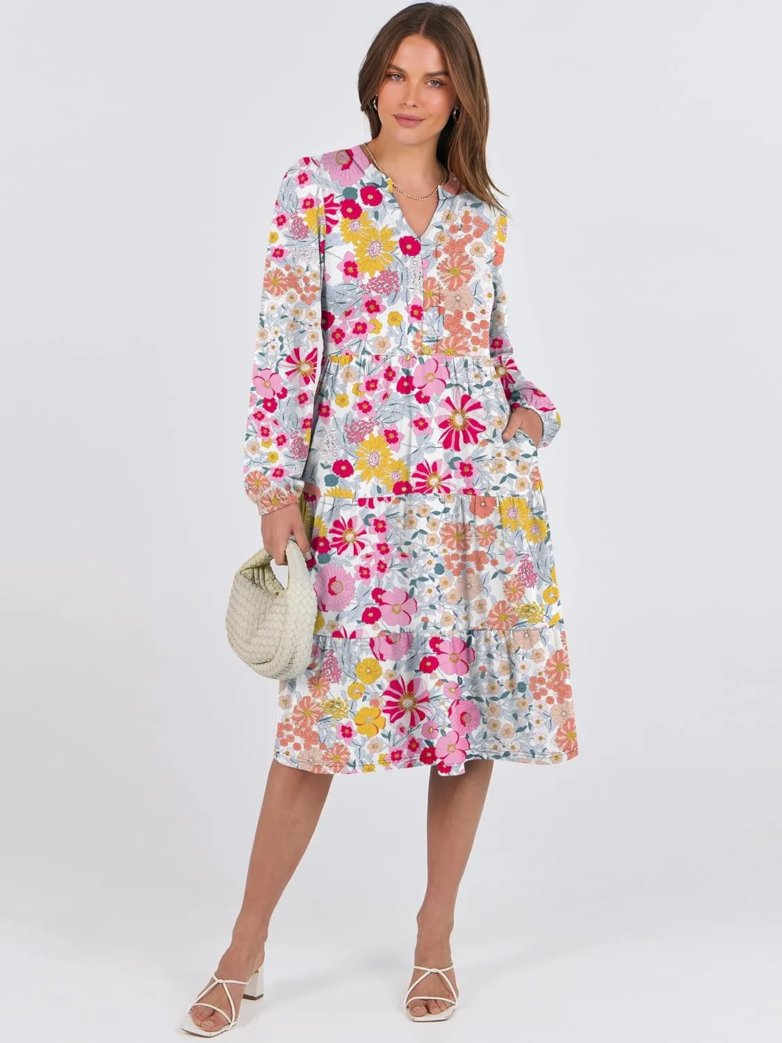 ANRABESS Long Sleeve Dress for Women V Neck 2025 Spring Fashion Casual Loose Fit Flowy Swing Tiered Vacation Dresses