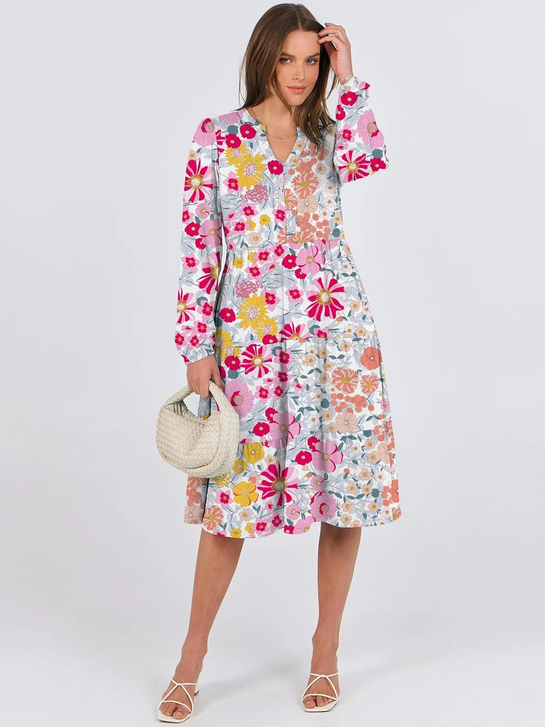 ANRABESS Long Sleeve Dress for Women V Neck 2025 Spring Fashion Casual Loose Fit Flowy Swing Tiered Vacation Dresses