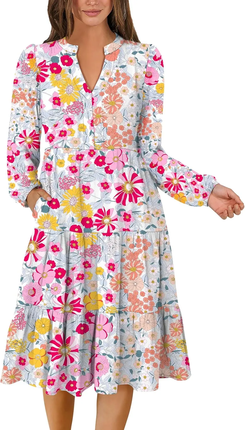 ANRABESS Long Sleeve Dress for Women V Neck 2025 Spring Fashion Casual Loose Fit Flowy Swing Tiered Vacation Dresses