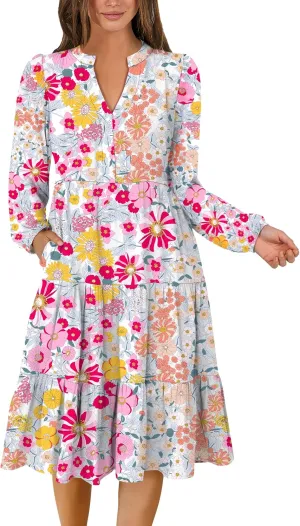 ANRABESS Long Sleeve Dress for Women V Neck 2025 Spring Fashion Casual Loose Fit Flowy Swing Tiered Vacation Dresses