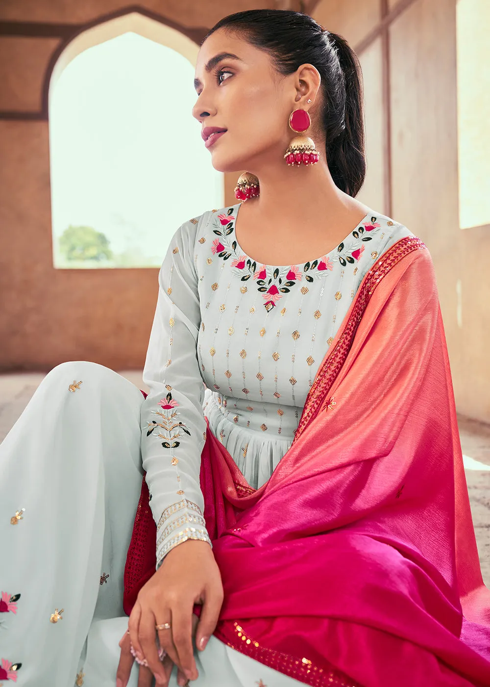 Attractive Georgette Sky Blue Embroidered Palazzo Salwar Suit