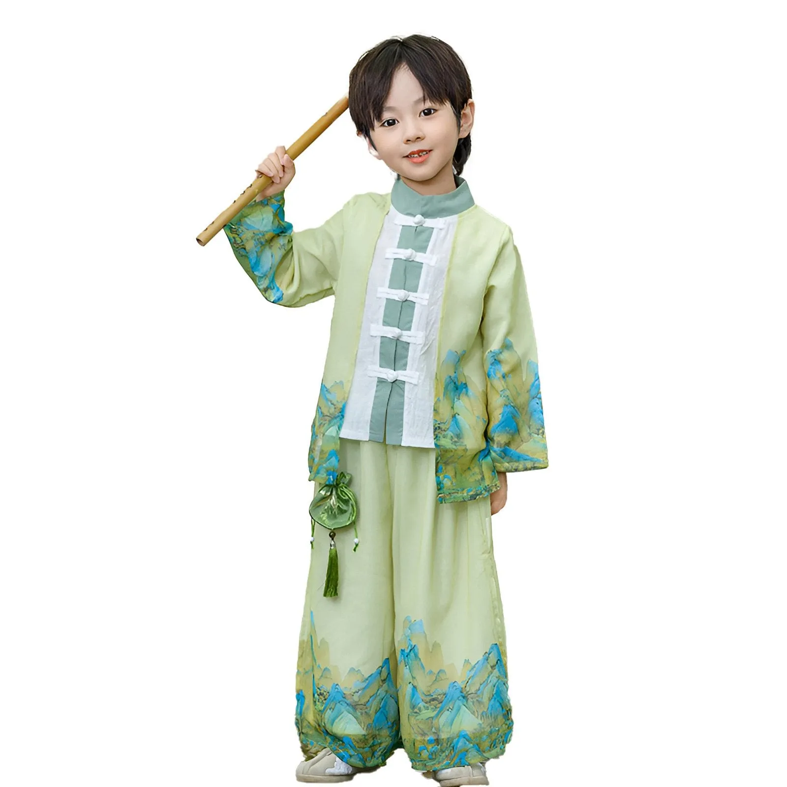 Boys' Traditional Green Landscape Painting Hanfu