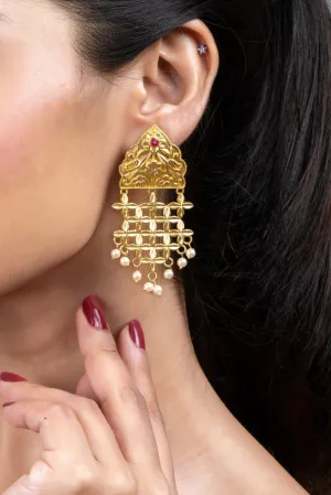 Brass Floral Leaf Jhumka Earrings with Pearl Accent - Elegant Lightweight Statement Jewelry