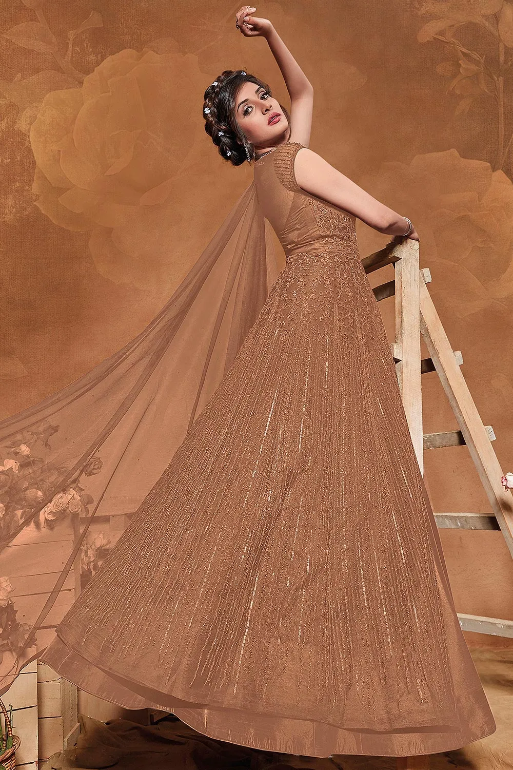 Bridesmaid Brown Net Embroidered Floor Length Anarkali Suit