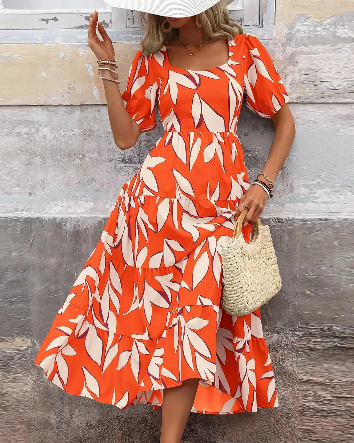 BTFBM Women's Boho Summer Dresses Short Sleeve Floral Print Smocked Tie Back Tiered A-Line Flowy Cruise Vacation Dress