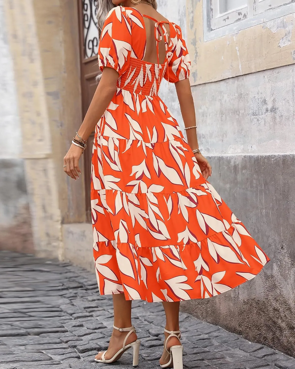 BTFBM Women's Boho Summer Dresses Short Sleeve Floral Print Smocked Tie Back Tiered A-Line Flowy Cruise Vacation Dress