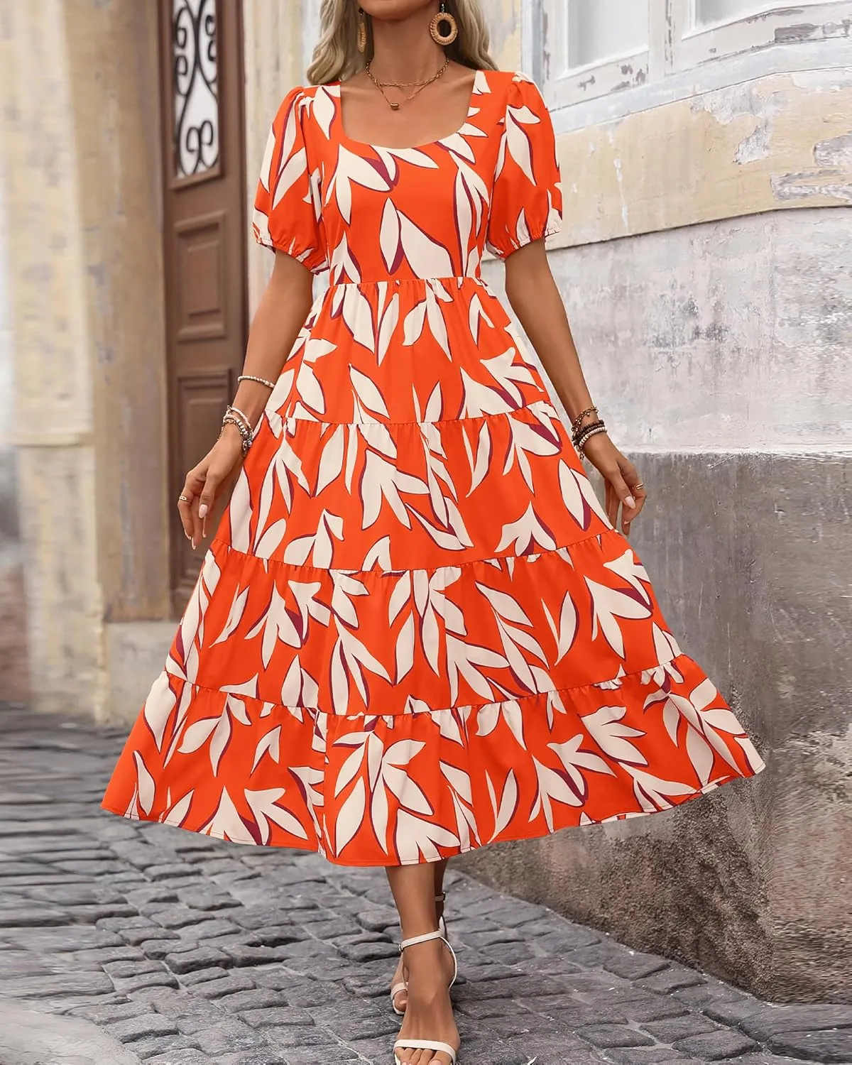 BTFBM Women's Boho Summer Dresses Short Sleeve Floral Print Smocked Tie Back Tiered A-Line Flowy Cruise Vacation Dress