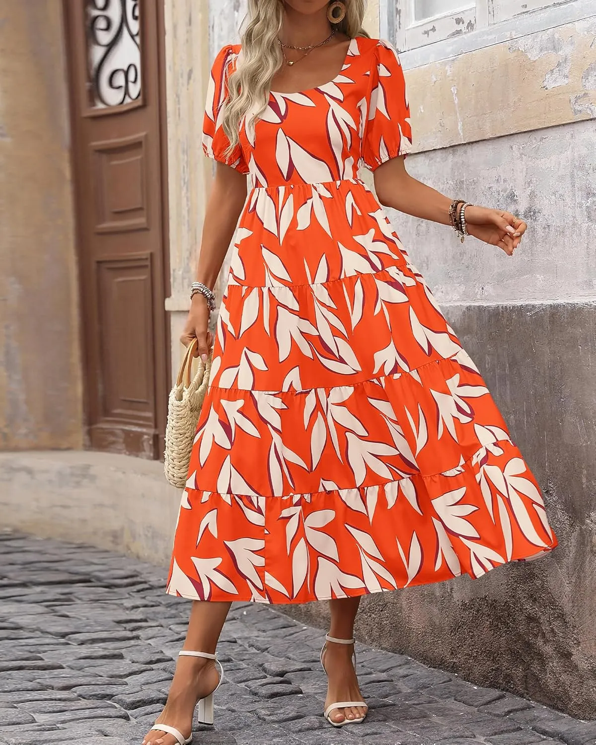 BTFBM Women's Boho Summer Dresses Short Sleeve Floral Print Smocked Tie Back Tiered A-Line Flowy Cruise Vacation Dress