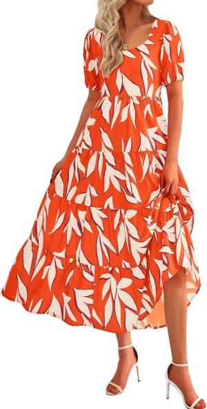 BTFBM Women's Boho Summer Dresses Short Sleeve Floral Print Smocked Tie Back Tiered A-Line Flowy Cruise Vacation Dress