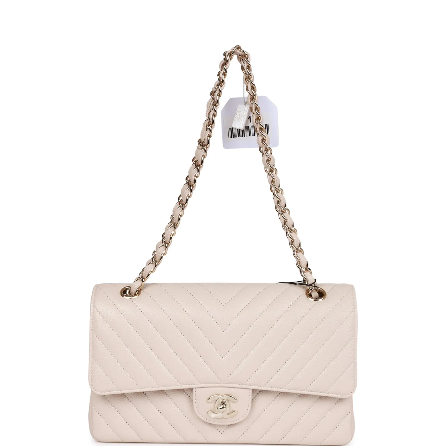 Chanel Medium Classic Double Flap Bag Beige Chevron Caviar Light Gold Hardware