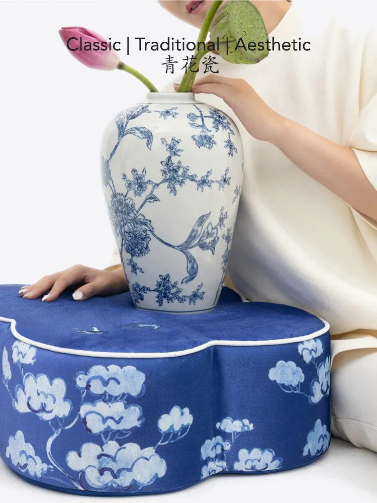 Chinese Blue and White Embroidered Swallows Return Meditation Cushion Pouf