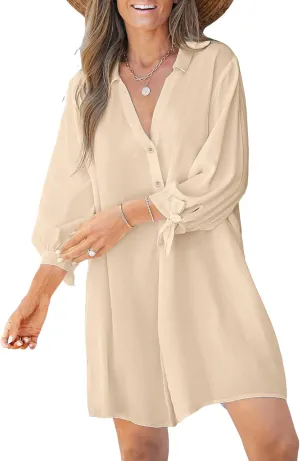 CUPSHE Women Shirt Mini Summer Dress Cover Ups 3/4 Sleeve Cuff Tie Button Down Holiday Sundress Beach Cover Up Dress