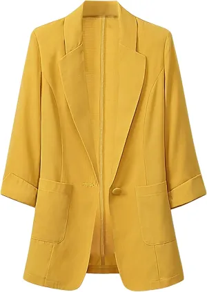 DESKABLY Blazer Jackets for Women Open Front Business Trench Long Sleeve Suit Coat Cotton Linen Outerwear with Pockets Yellow