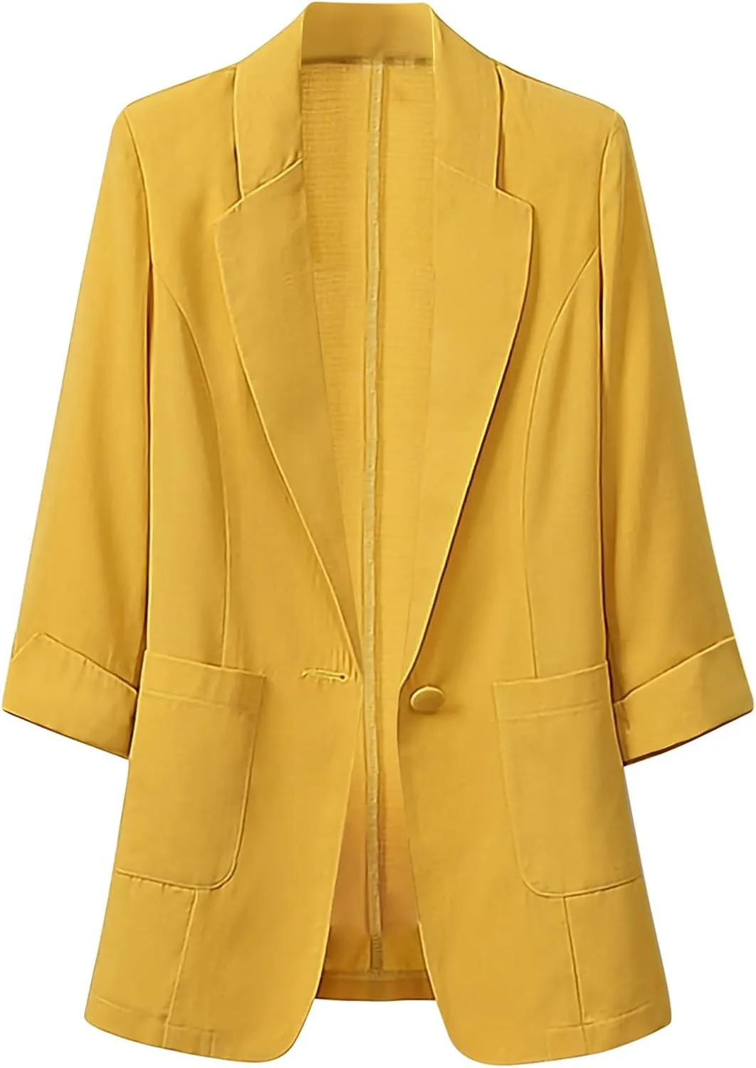 DESKABLY Blazer Jackets for Women Open Front Business Trench Long Sleeve Suit Coat Cotton Linen Outerwear with Pockets Yellow