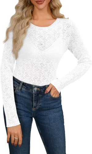 Diosun Womens Lace Floral Tops Long Sleeve Mesh Round Neck Sexy See Through Shirts Floral Blouses Top