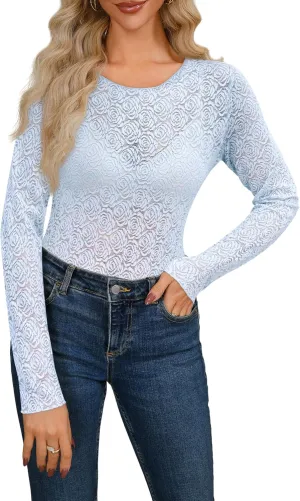 Diosun Womens Lace Floral Tops Long Sleeve Mesh Round Neck Sexy See Through Shirts Floral Blouses Top