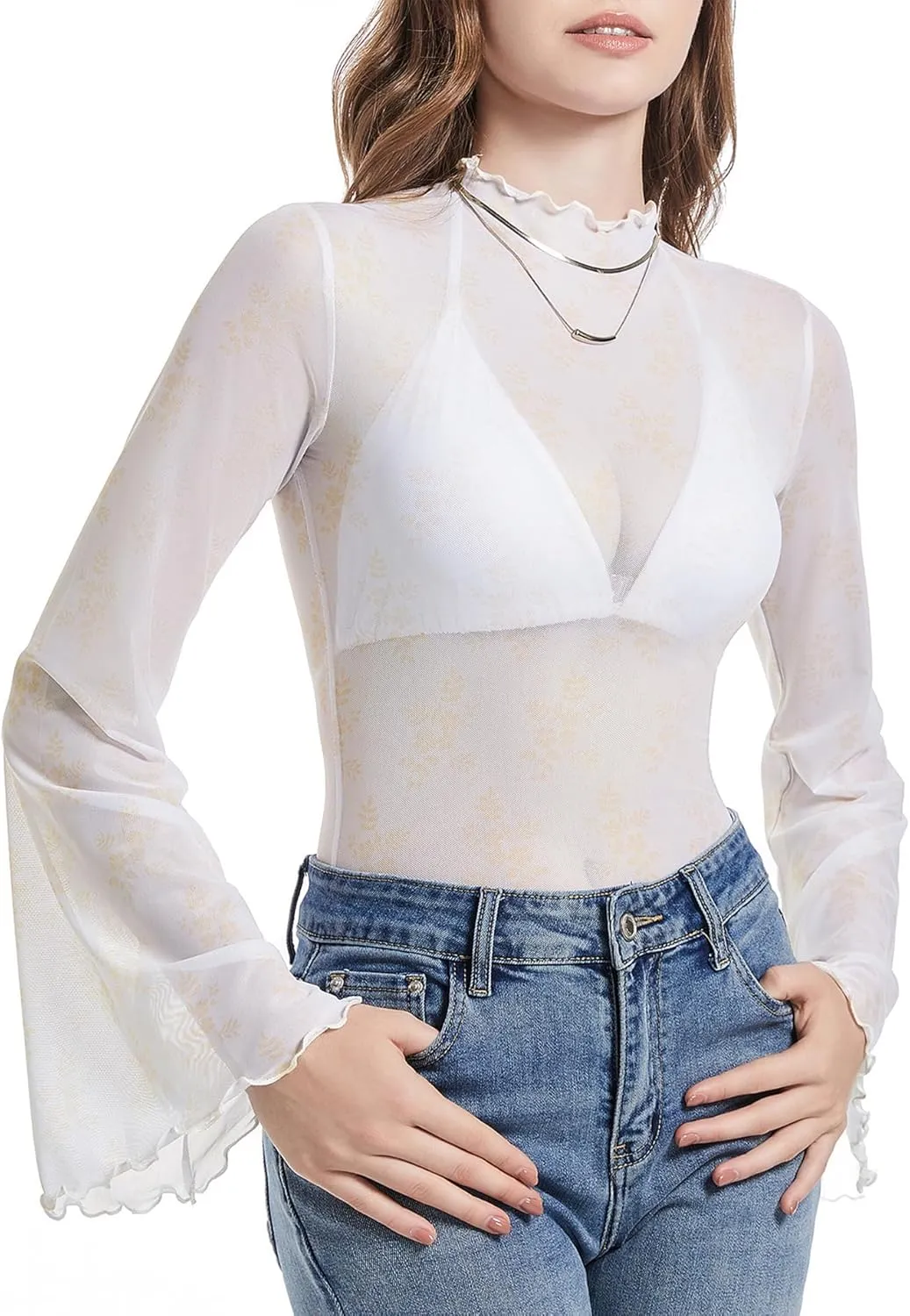 Durio 70s Womens Bell Sleeve Top Floral Tops for Women Disco Outfit Mock Neck Flare Tops Semi Sheer Mesh Long Sleeve Top