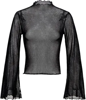 Durio 70s Womens Bell Sleeve Top Floral Tops for Women Disco Outfit Mock Neck Flare Tops Semi Sheer Mesh Long Sleeve Top