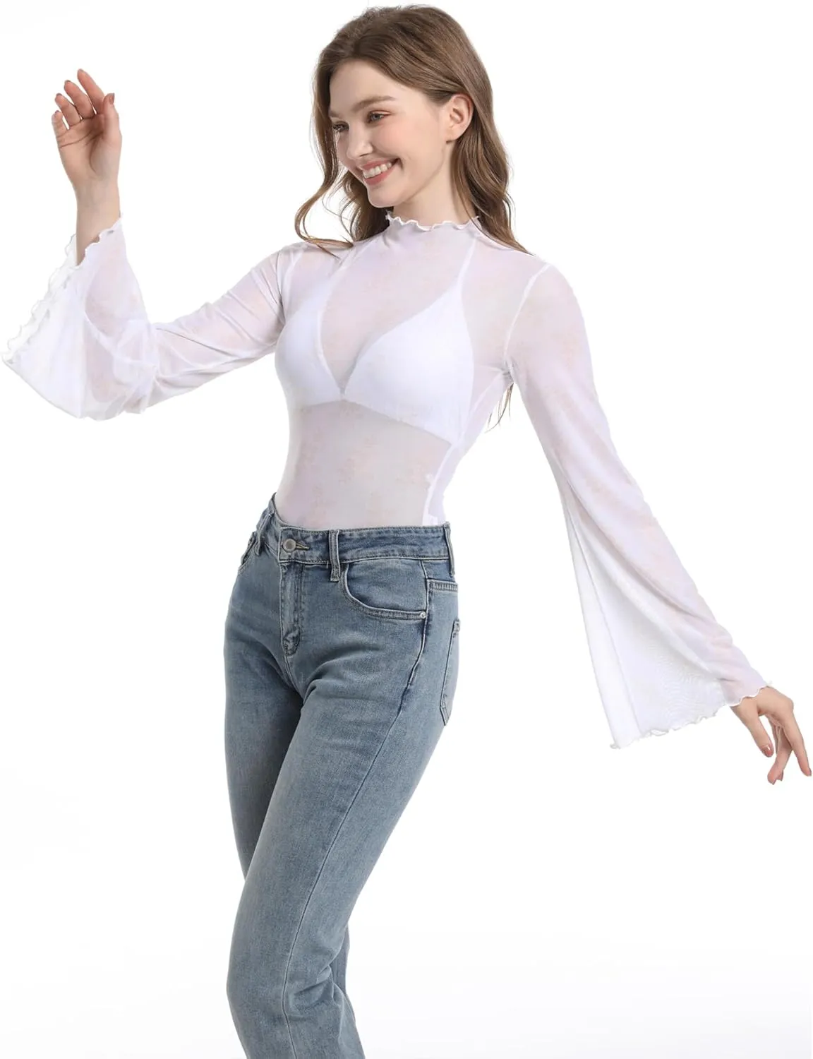 Durio 70s Womens Bell Sleeve Top Floral Tops for Women Disco Outfit Mock Neck Flare Tops Semi Sheer Mesh Long Sleeve Top