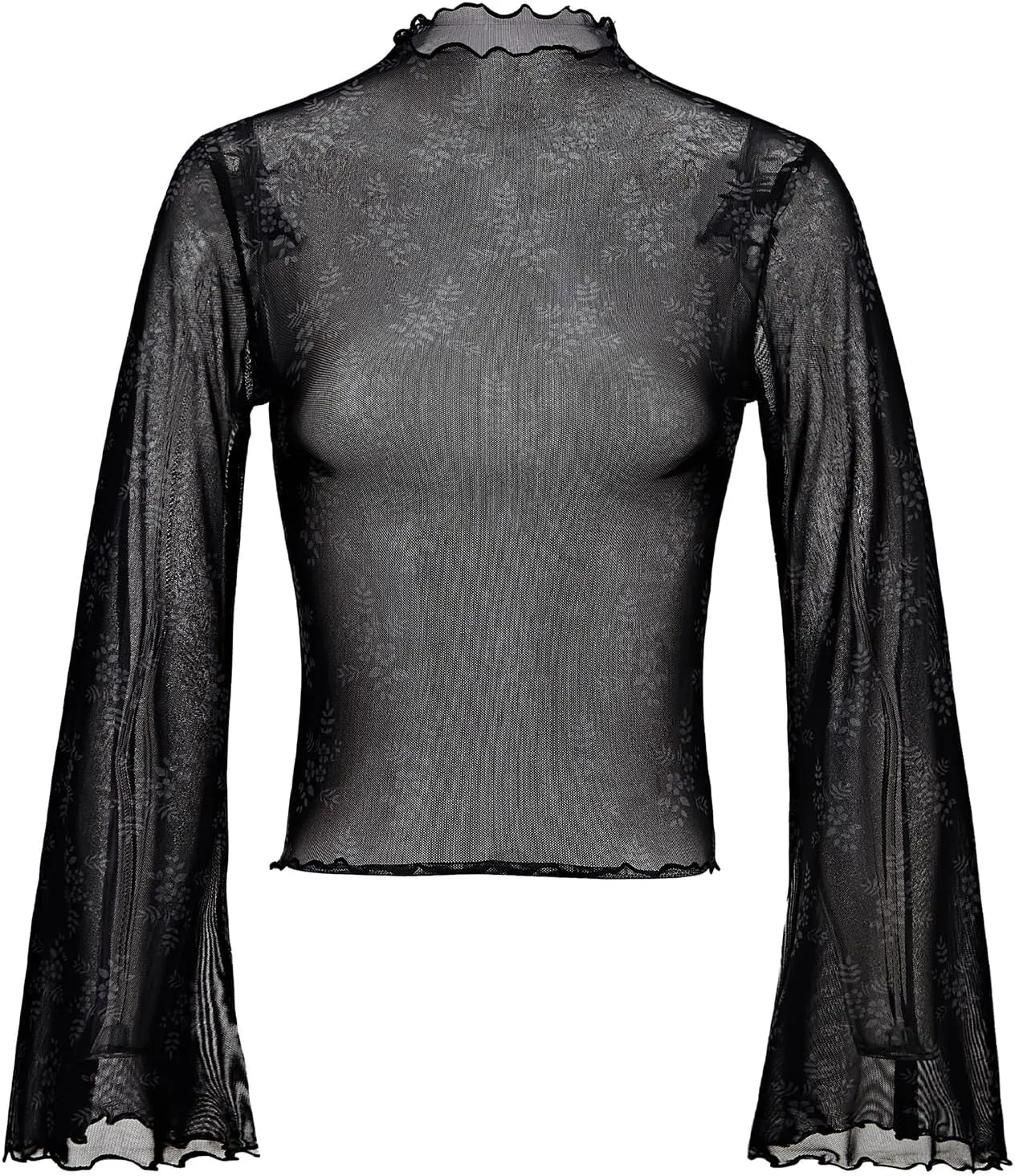 Durio 70s Womens Bell Sleeve Top Floral Tops for Women Disco Outfit Mock Neck Flare Tops Semi Sheer Mesh Long Sleeve Top