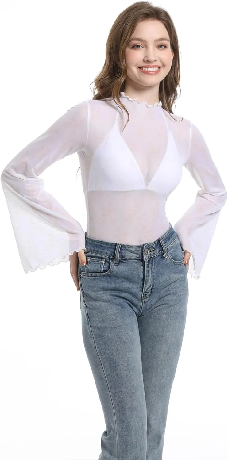 Durio 70s Womens Bell Sleeve Top Floral Tops for Women Disco Outfit Mock Neck Flare Tops Semi Sheer Mesh Long Sleeve Top