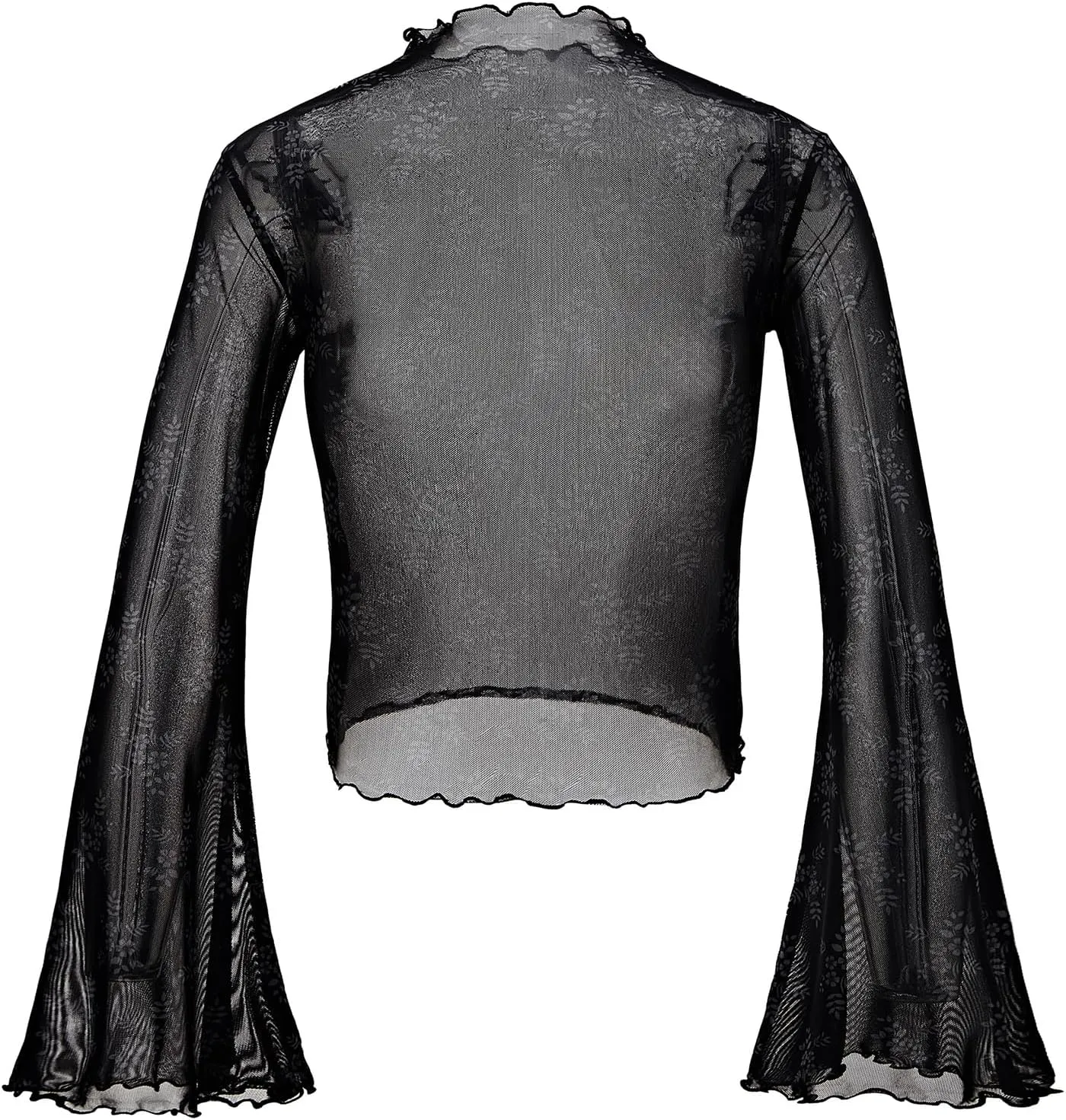 Durio 70s Womens Bell Sleeve Top Floral Tops for Women Disco Outfit Mock Neck Flare Tops Semi Sheer Mesh Long Sleeve Top