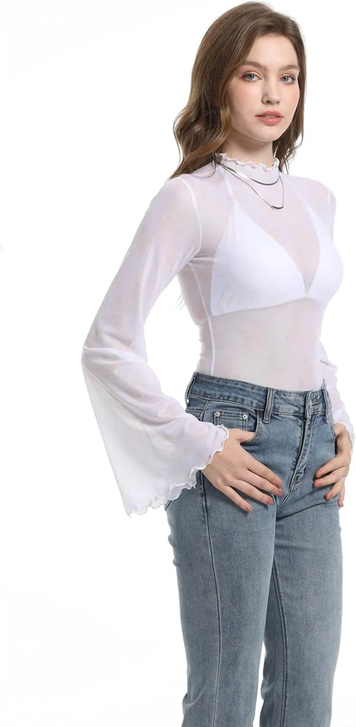Durio 70s Womens Bell Sleeve Top Floral Tops for Women Disco Outfit Mock Neck Flare Tops Semi Sheer Mesh Long Sleeve Top