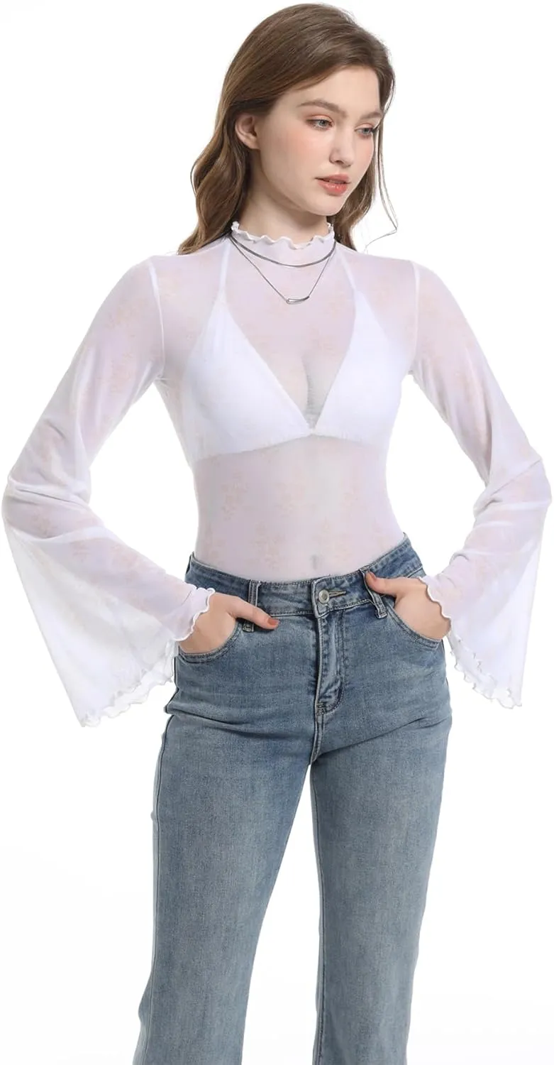 Durio 70s Womens Bell Sleeve Top Floral Tops for Women Disco Outfit Mock Neck Flare Tops Semi Sheer Mesh Long Sleeve Top