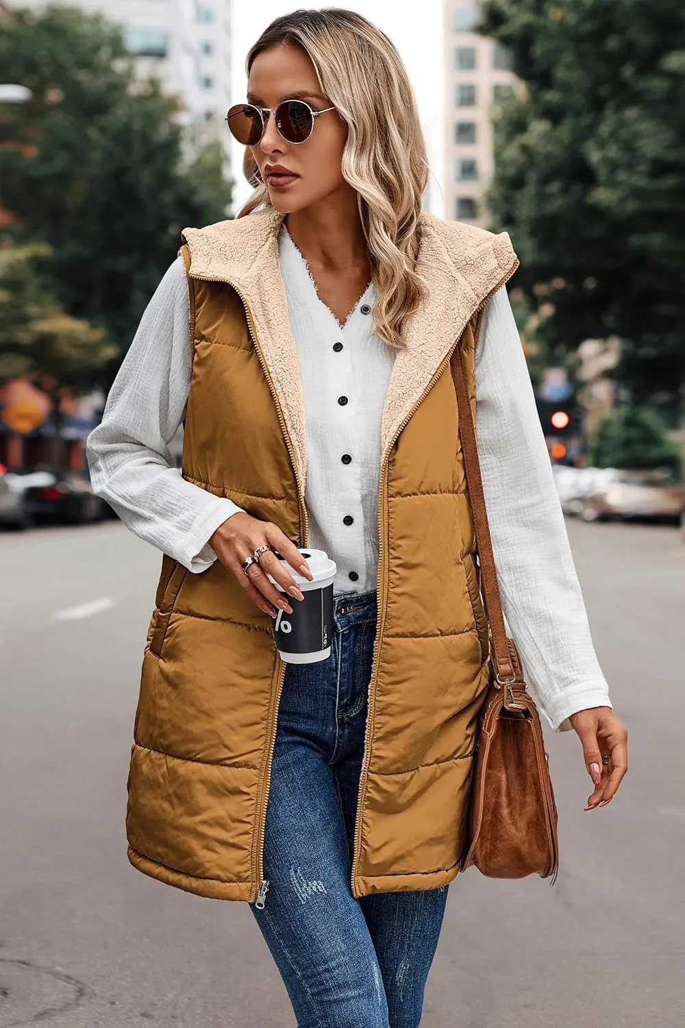 ECOWISH Women Long Puffer Vest: Fall Zip up Reversible Fleece Jacket 2024 Winter Warm Sleeveless Hooded Coat with Pockets
