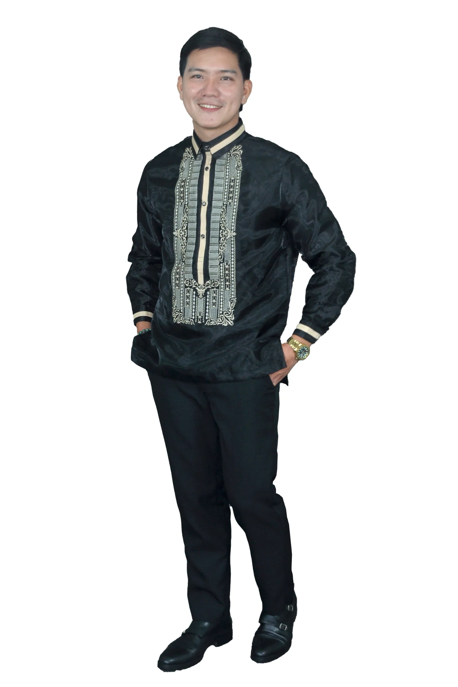 Elegant Black Barong Tagalog with Intricate Embroidery - Mike - JN66
