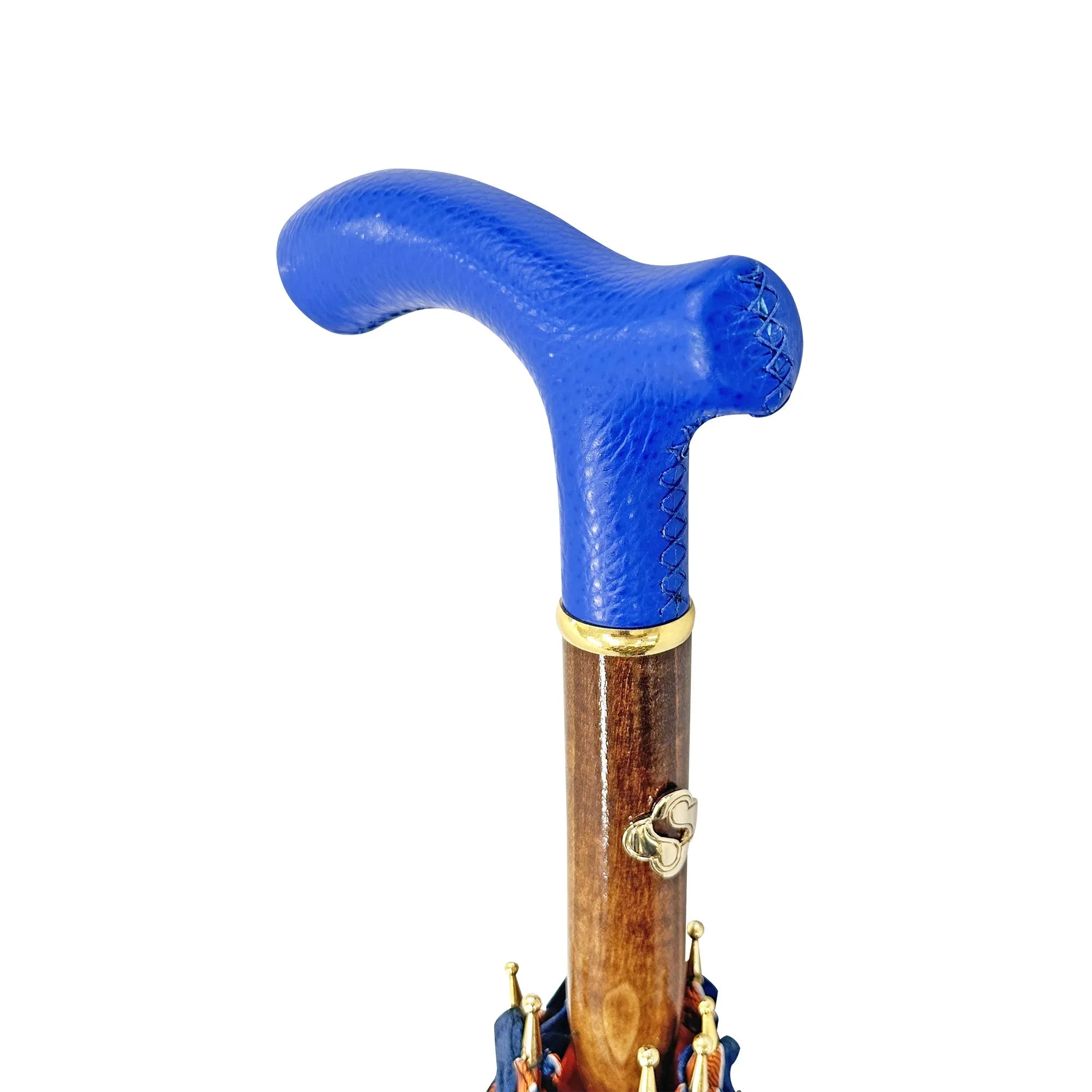 Elegant orange umbrella - handmade blue leather handle
