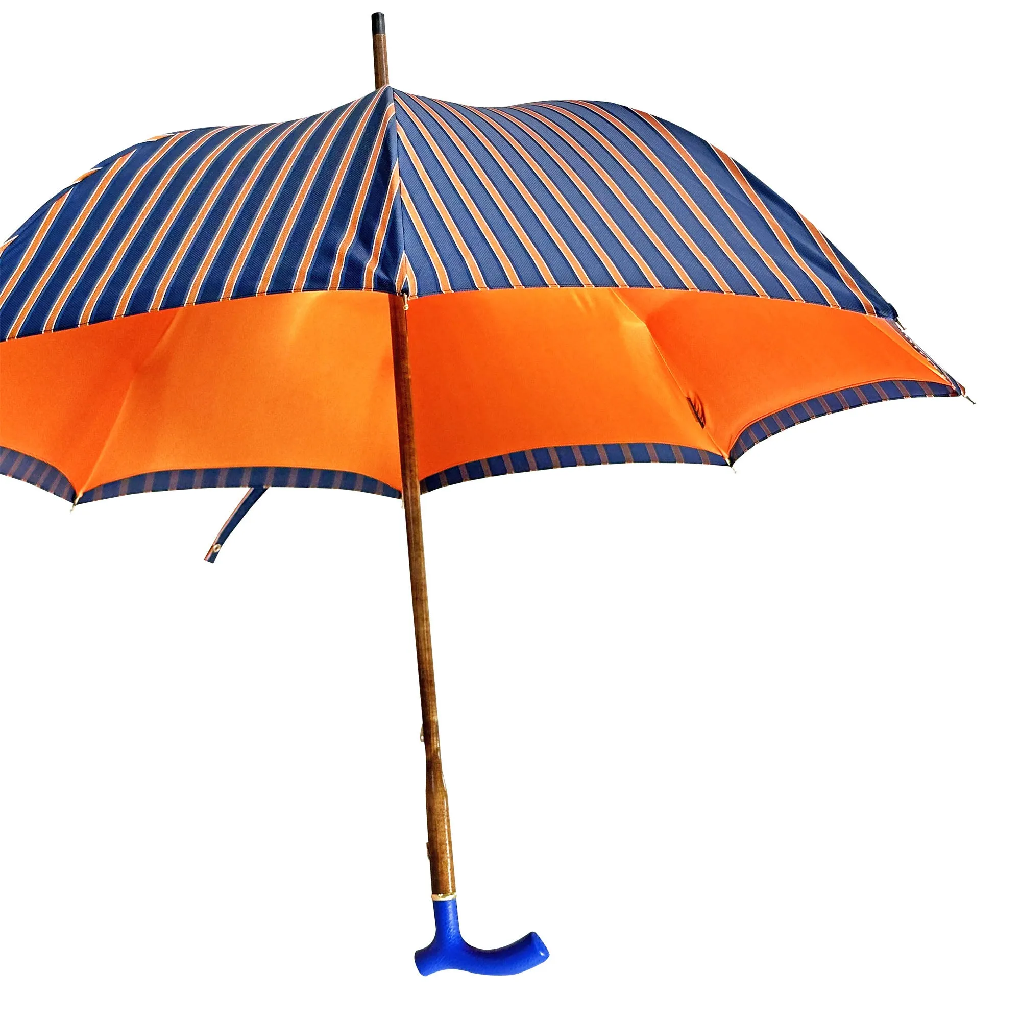 Elegant orange umbrella - handmade blue leather handle