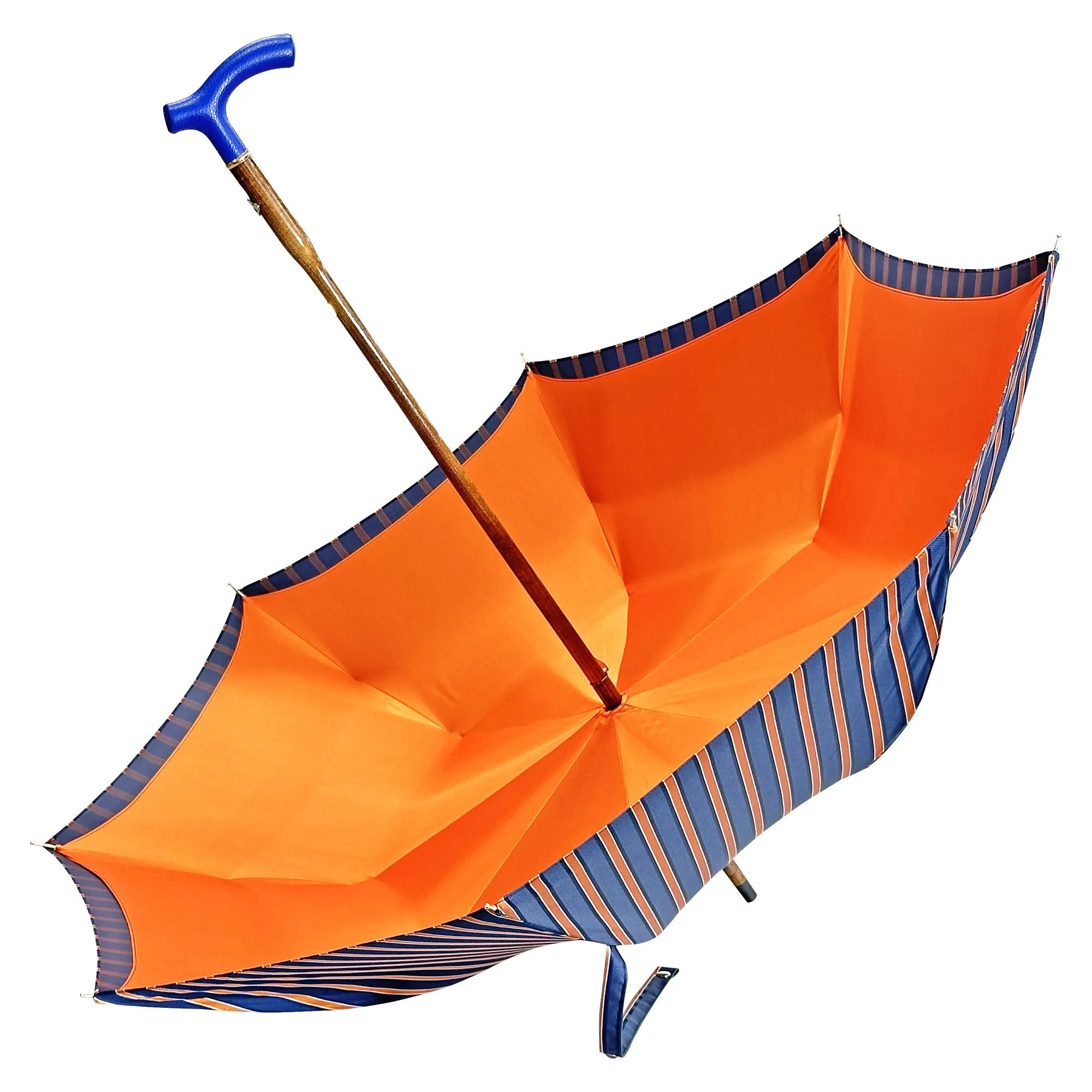 Elegant orange umbrella - handmade blue leather handle
